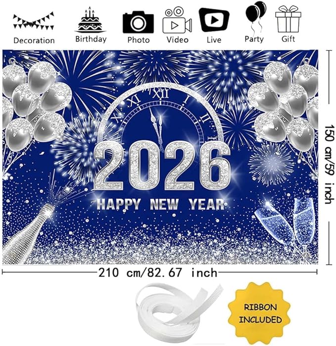 MEHOFOND 7x5 ft Blue and Silver 2026 Happy New Year Backdrop Cheers to 2026 New Year Eve Glitter Photography Background Hello 2026 Party Champagne Balloon Fireworks Decor Banner Cake Smash Photo Props
