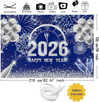 MEHOFOND 7x5 ft Blue and Silver 2026 Happy New Year Backdrop Cheers to 2026 New Year Eve Glitter Photography Background Hello 2026 Party Champagne Balloon Fireworks Decor Banner Cake Smash Photo Props
