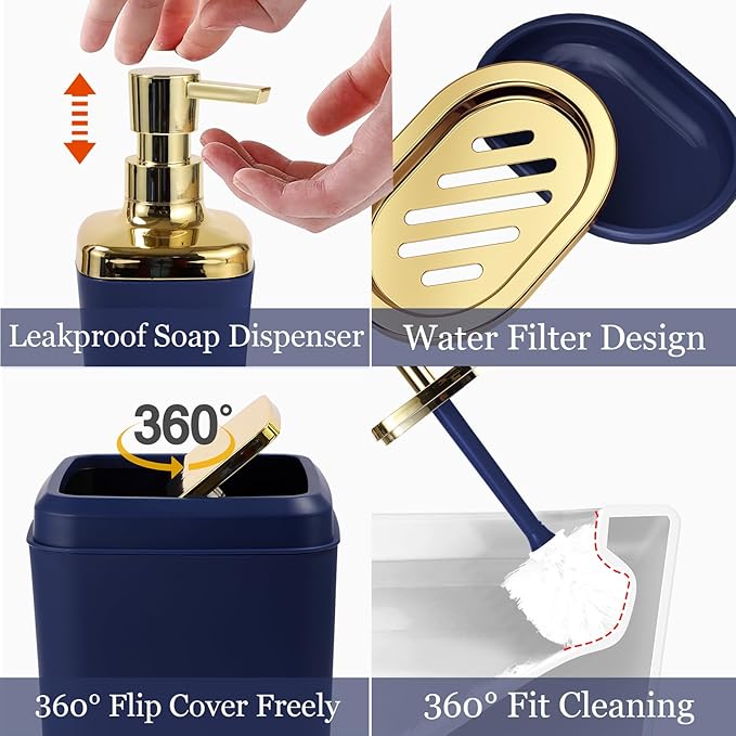 Navy Blue Bathroom Accessories, 24 Pieces Blue and Gold Bathroom Accessories Set with Shower Curtain, Bath Towels, Trash Can, Soap Dispenser and Soap Dish for Bathroom/Housewarming