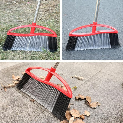 Outdoor Heavy Duty Broom, 15.7" All-Terrain Sweeper Featuring a Wide Angle Broom Design, Long Handle & Powerful Stiff Bristles for Patio, Garden, Garage, Yard (Red)