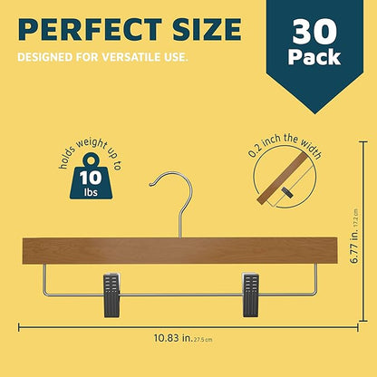 Natural Color Wooden Pants Hangers 30 Pack, Lotus Wood Hanger with Adjustable Non-Slip Clips, Heavy Duty 10 lb Capacity, 360° Swivel Hook, Slim, Space-Saving Design for Slacks, Jeans, Skirts