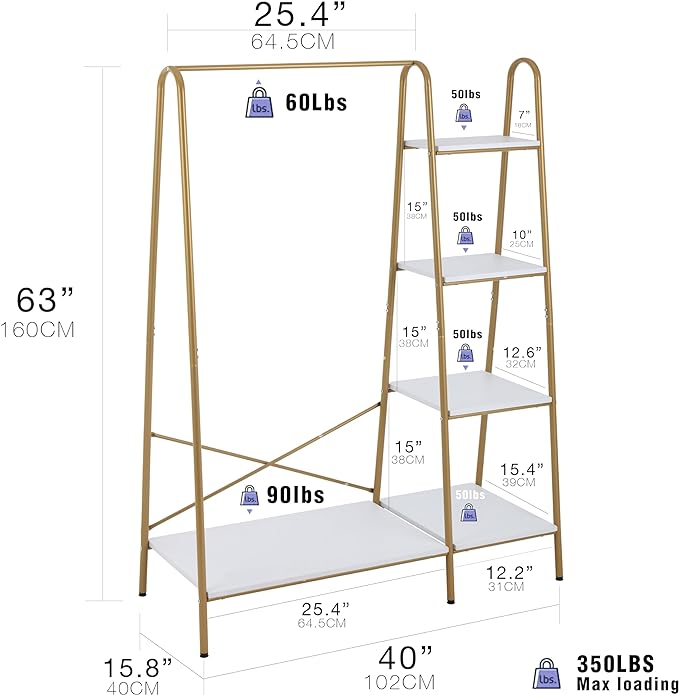 Finnhomy Clothes Rack, Clothing Rack for Hanging Clothes Heavy Duty Garment Rack with 5 Wood Shelves Freestanding Portable Closet Organizer for Bedroom/Entryway/Boutiques，Gold