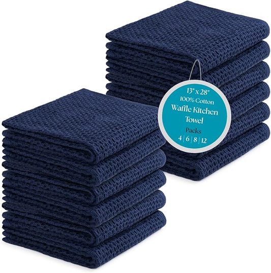 Cotton Waffle Weave Kitchen Towels - Pack of 12 (13x28 Inches), High GSM, Ultra Soft, Absorbent Dish, Best for Dish Cloths, Hand Towels & Dish Rags - Blue (Kitchen Essentials)