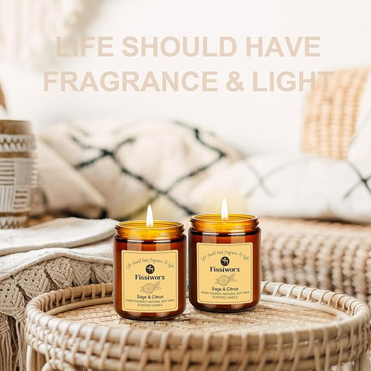 Sage & Citrus Scented Candle Set 2 Pack – Natural Soy Wax Hand-Poured – 60 Hour Long Lasting Burn – Relax and Relieve Stress – Premium Aromatherapy Candle for Home Decor, Gifts