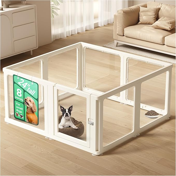 Transparent 8-Panel Dog Playpen, Acrylic Indoor/Outdoor Puppy Pen for Small & Medium Dogs, 24 Inch with Door, White(Fully Transparent 50 * 50 Single Room,24 inch)