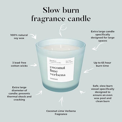 Hidden Label Large Scented Candle, Coconut Lime Verbena, 30oz 3 Wick Huge Candle, Serene Collection Slow Burn Natural Soy Candles for Home Scented