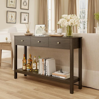 Gizoon Sofa Table with 3 Drawers, Modern Accent Console Table with Open Shelf, Large Storage Space, for Living Room, Front Hall, Entrance Hall, Study Room, Dark Brown
