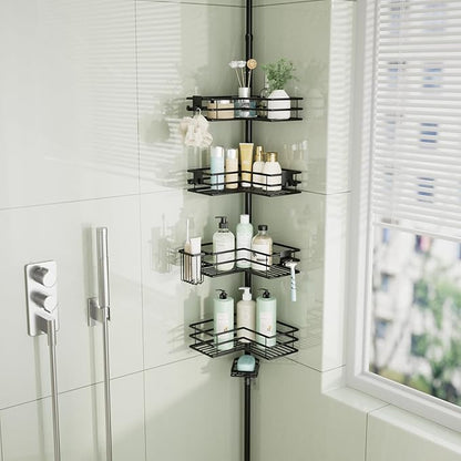 HapiRm Corner Shower Caddy Organizer - Shower Organizer Corner with Soap Holder, Toothbrush Holder and 4 Hooks, Rustproof Bathroom Shelf Tension Pole Available for 27.6 to 108.3 Inch - Black