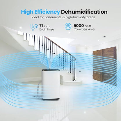 5000 Sq.Ft Dehumidifier, 50PT/24H Dehumidifiers with Drain Hose for Basement, Large Compressor Dehumidifier for Basement/Laundry/Bedroom/Office, Dehu/Dry/Air Mode, Humidity Display/Timer/Child Lock