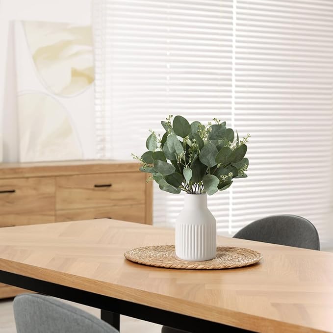 Dahey Artificial Eucalyptus Stems in White Ceramic Vase Centerpiece Table Decorations Modern Farmhouse Decor Fake Plants with Vase for Bathroom Kitchen Shelf Living Room Greenery Decor, 4 inches