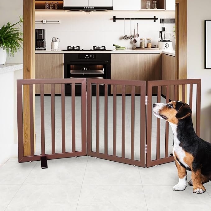 Dog Gate Indoor, Freestanding Dog Fence for The House, Doorways, Hallways,or Stairs,Pet Gate Foldable Wooden,Expandable 24" Height 3 Panels,Brown
