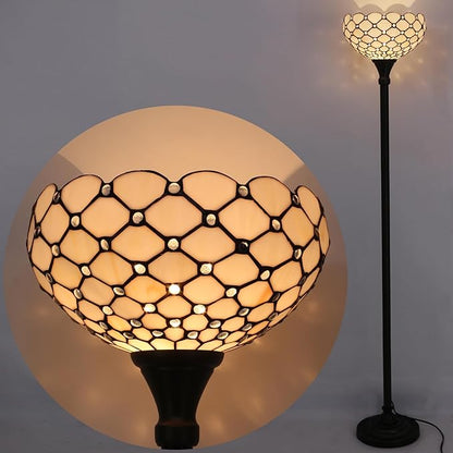 WERFACTORY Tiffany Floor Lamp Cream Amber Stained Glass Bead Light 12X12X71 Inches Pole Torchiere Standing Corner Torch Uplight Decor Bedroom Living Room Home Office (LED Bulb Included) S005 Series