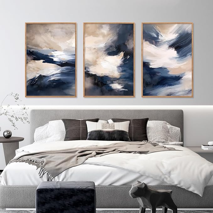 HLNIUC Blue Beige Abstract Wall Art Set of 3(24x36), Navy Brush Stroke Modern Art Decor, Earth Tone Minimalist Shape Framed Painting, Rust Dusty Neutral Prints for Living Room, Bedroom, Office