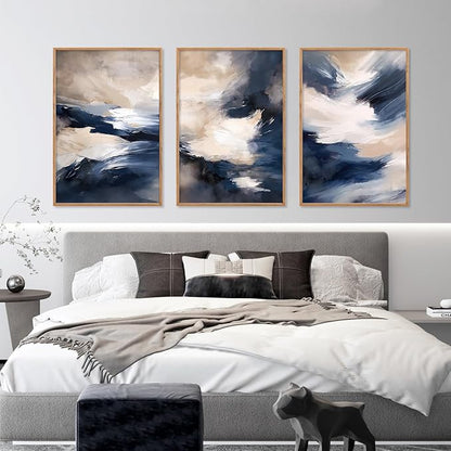 HLNIUC Blue Beige Abstract Wall Art Set of 3(24x36), Navy Brush Stroke Modern Art Decor, Earth Tone Minimalist Shape Framed Painting, Rust Dusty Neutral Prints for Living Room, Bedroom, Office