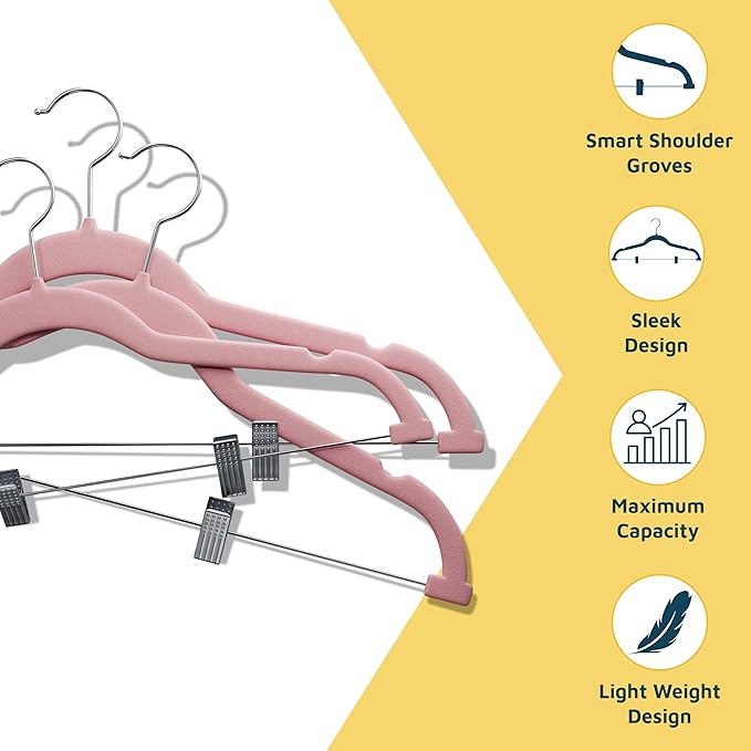 Velvet Pants Hangers – with Adjustable Clips, 360 Degree Swivel Hook, and Non-Slip Shoulder Notch, Holds Up to 10 lbs, for Organizing Skirt, Pants, Dress, and Clothes, Pack of 50, Pink
