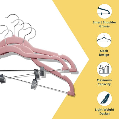 Velvet Pants Hangers – with Adjustable Clips, 360 Degree Swivel Hook, and Non-Slip Shoulder Notch, Holds Up to 10 lbs, for Organizing Skirt, Pants, Dress, and Clothes, Pack of 50, Pink