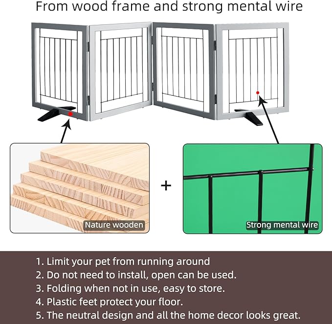 ZJSF Freestanding Dog Gate Indoor, Foldable Dog Fence for Doorways,Hallways or Stairs, Sturdy Wood Extra Wide Pet Gate with Support Feet,Grey,32 "Height-4 Panels