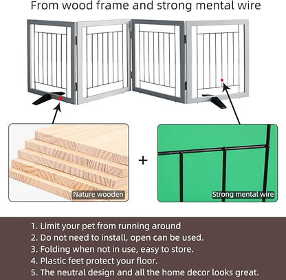 ZJSF Freestanding Dog Gate Indoor, Foldable Dog Fence for Doorways,Hallways or Stairs, Sturdy Wood Extra Wide Pet Gate with Support Feet,Grey,24 "Height-4 Panels