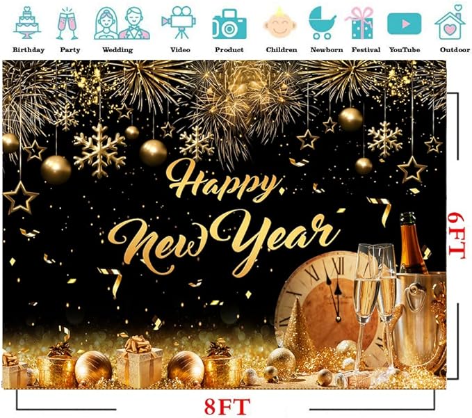 CYLYH 8X6FT 2026 Happy New Year Backdrop Black and Gold Photography Background Holiday Party Banner New Year Eve Party Decoration Banner