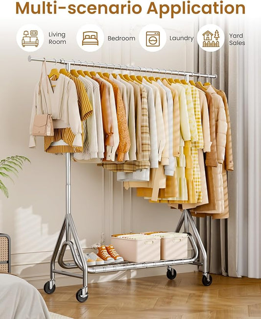 Heavy Duty Garment Rack, Metal Clothes Rack Load 450 LBS, Rolling Clothing Racks for Hanging Clothes with Lockable Wheels, Wardrobe Closet Coat Racks for Bedroom, Silver