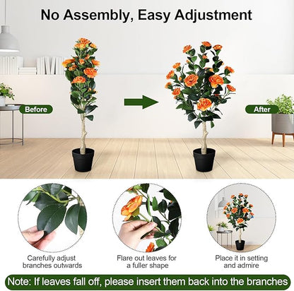 3FT Artificial Camellia Tree, 2 Pack Fake Camellia Tree Artificial Tree, Faux Floral Plants in Cement Pot, Greenery Potted Plant for Indoor Outdoor Home Office Porch Decor (Orange)