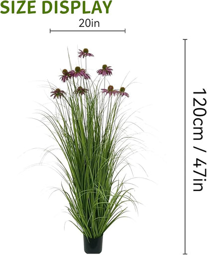 46" UV Resistant Artificial Grass Plant with 9 Realistic Purple Echinacea Flowers - Indoor/Outdoor Fake Plants for Patio, Living Room, Porch Decor - All Weather Faux Floor Plant 2-Pack