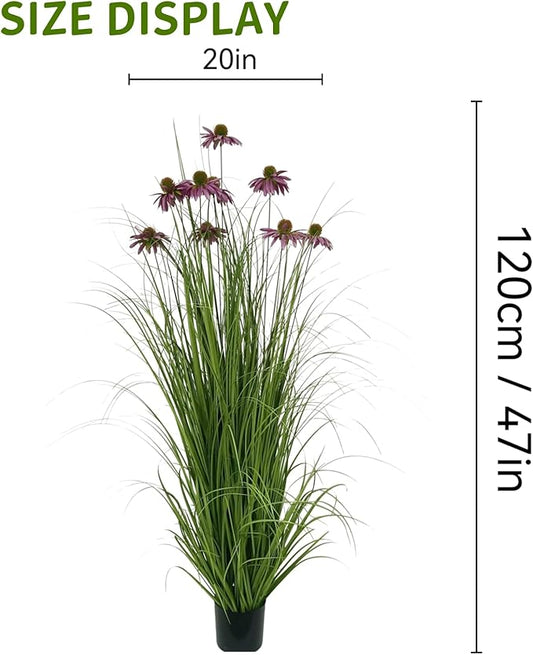 46" UV Resistant Artificial Grass Plant with 9 Realistic Purple Echinacea Flowers - Indoor/Outdoor Fake Plants for Patio, Living Room, Porch Decor - All Weather Faux Floor Plant 2-Pack