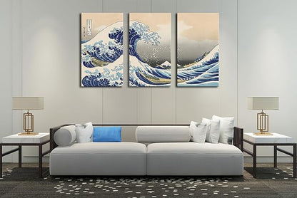 The Great Wave off Kanagawa (Triptych), Katsushika Hoki Wall Art Decor, Classic Painting Abstract Seascape Canvas Print Pictures, Modern Japanese Artwork for Living Room Decoration - 12"x24"x3 Pcs