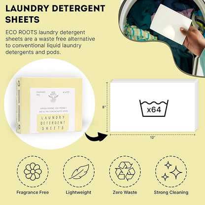 ECO ROOTS Laundry Detergent Sheets 64 loads | ECO FRIENDLY Unscented Sheets, Liquidless Travel Size Laundry Strips Detergent, Zero Waste Plastic Free Sustainable Washer Products