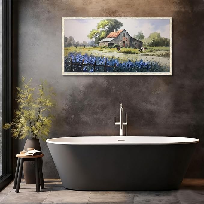 Ardemy Farmhouse Canvas Wall Art Large Framed Vintage Farm Cow Pictures Wall Decor Living Room Village Nature Painting Artwork Wall Art Bedroom Dining Room Home Office, 48"x24"