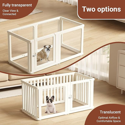 Transparent 17-Panel Dog Playpen, Acrylic Indoor/Outdoor Puppy Pen for Small & Medium Dogs, 24 Inch with Door, White(Ventilated Design 74 * 50 Single Room,24 inch)