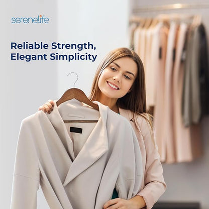 SereneLife 30 Pack Wooden Clothes Hangers – Heavy Duty Wood with Non-Slip Notches, 360° Swivel Chrome Hook & Pants Bar – Vintage Finish Suit Coat Hangers for Closet Organization