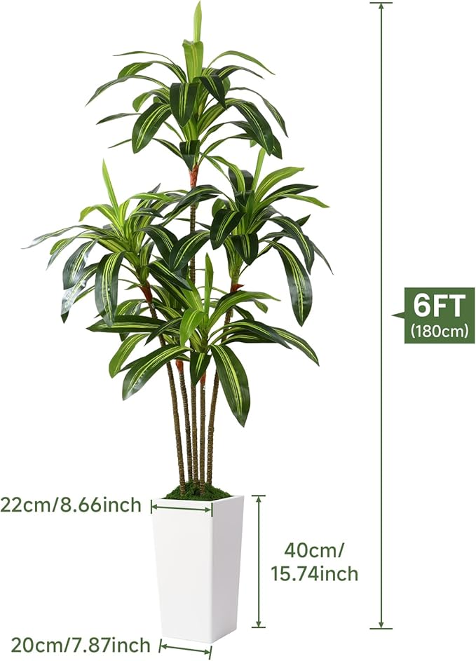 Artificial Dracaena Fake Tree 6FT, White High Pot Artificial Plants Indoor&Outdoor, Fake Plants for Office/Home/Living Room Potted Decoration, 6ft