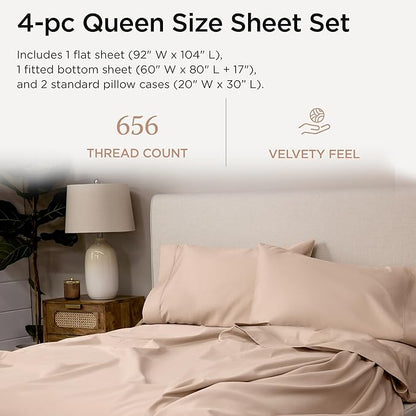 Threadmill Supima Cotton Sheets Queen | 656 Thread Count Queen Sheets for Queen Mattress | 4 Piece Luxury Bed Sheets | Sateen Weave Hotel Quality Sheets with Elasticized Deep Pocket | Beige Sheets