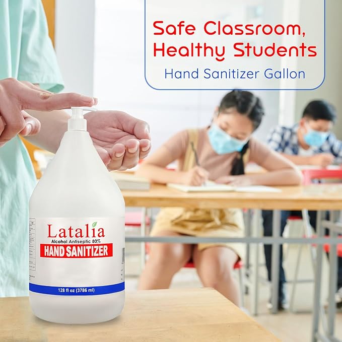 Latalia large Hand Sanitizer Pump 128 fl oz – Pack of 4 with 80% Alcohol Moisturizing Hand Sanitizer Refill Gallon for Home & Office, Unscented Clean Gel, Drying & Non-Sticky for Daily Hand Hygiene