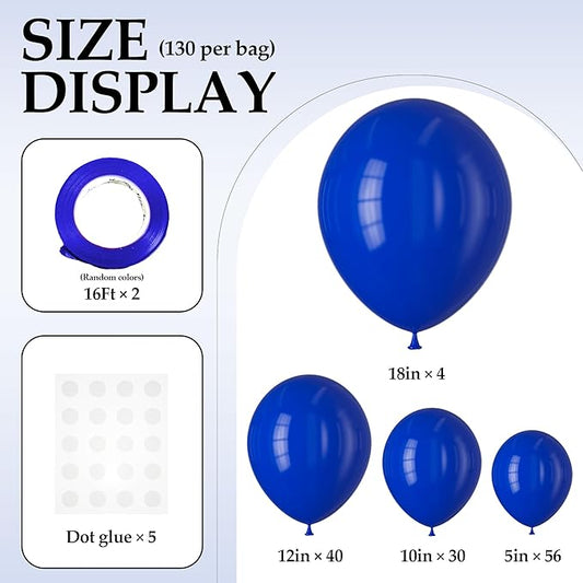 130PCS RoyalBlue Balloons, Latex Balloon Different Sizes 18/12/10/5 Inch, Helium Balloons with Ribbon, Party Balloon Set for Birthday Wedding Graduation Anniversary Baby Shower Decoration