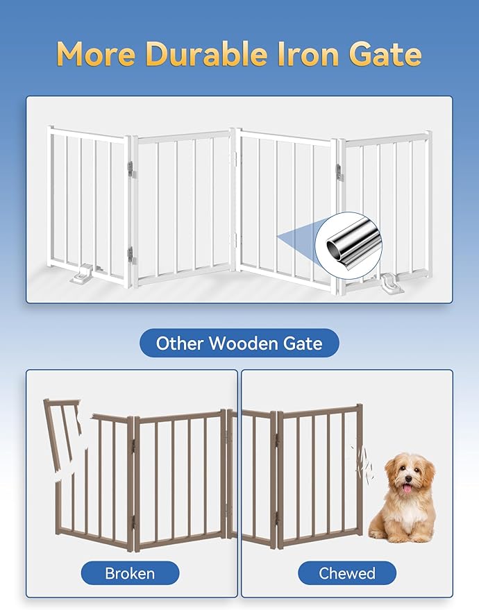 Free Standing Foldable Dog Gate, 16.5" High Step-Over Metal Short Pet Gate, Up to 96" Wide Puppy Fence for Stairs and Doorways, Indoor & Outdoor Use, No Drilling and No Assembly, White