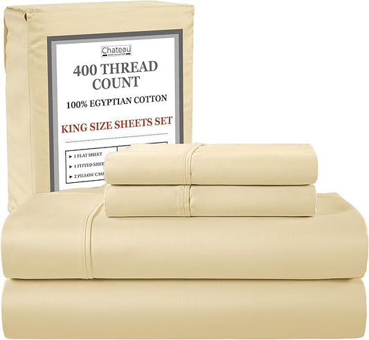 King Sheets Deep Pocket King Sheet Set, 100% Cotton Bed Sheets, 400 Thread Count 4 Pc Sateen Weave Luxury Bedding Sheet & Pillowcase Sets, Soft & Comfy Naturally Cool, No Pill Machine Washable- Ivory