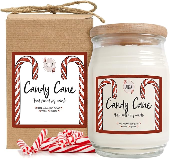 Aira Soy Christmas Candles - Organic, Kosher, Vegan, in Farmhouse Jar w/Essential Oil Blends - Hand-Poured 100% Soy Candle Wax - Paraffin Free, Burns 150+ Hours - Peppermint Candy Cane - 20 Ounces