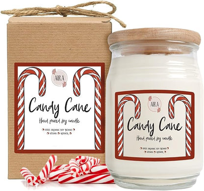 Aira Soy Christmas Candles - Organic, Kosher, Vegan, in Farmhouse Jar w/Essential Oil Blends - Hand-Poured 100% Soy Candle Wax - Paraffin Free, Burns 150+ Hours - Peppermint Candy Cane - 20 Ounces