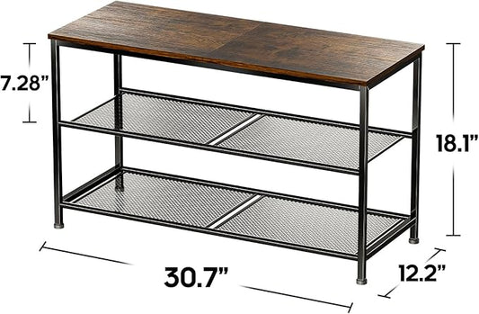 30 Inch Shoe Rack for Closet, 3 Tier Shoe Organizer Storage Bench with Wood Seat & Mesh Shelves, Leveling Feet for Entryway, Rustic Brown