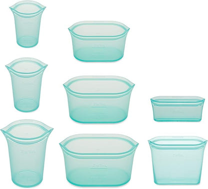 Zip Top Reusable Food Storage Bags | Full Set of 8 [Teal] | Silicone Meal Prep Container | Microwave, Dishwasher and Freezer Safe | Made in the USA
