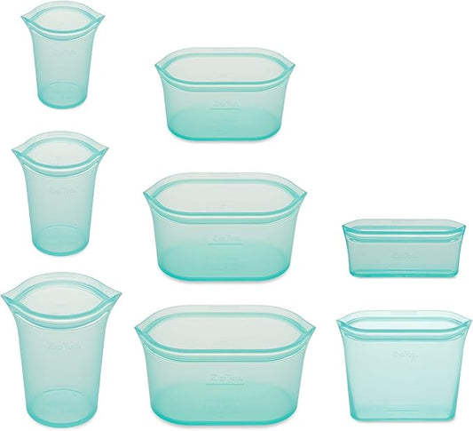 Zip Top Reusable Food Storage Bags | Full Set of 8 [Teal] | Silicone Meal Prep Container | Microwave, Dishwasher and Freezer Safe | Made in the USA