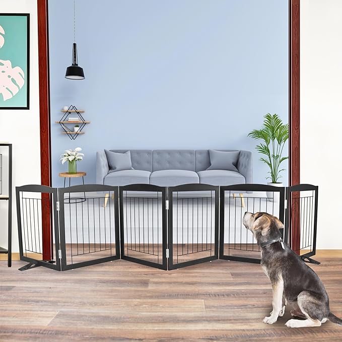 ZJSF Freestanding Dog Fence Indoor, Foldable Dog Gate for Doorways, Stairs or Hallways, Sturdy Wood Extra Wide Pet Gate with Support Feet for The House, Black, 24 "Height-6 Panels