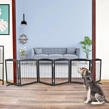 ZJSF Freestanding Dog Fence Indoor, Foldable Dog Gate for Doorways, Stairs or Hallways, Sturdy Wood Extra Wide Pet Gate with Support Feet for The House, Black, 24 "Height-6 Panels
