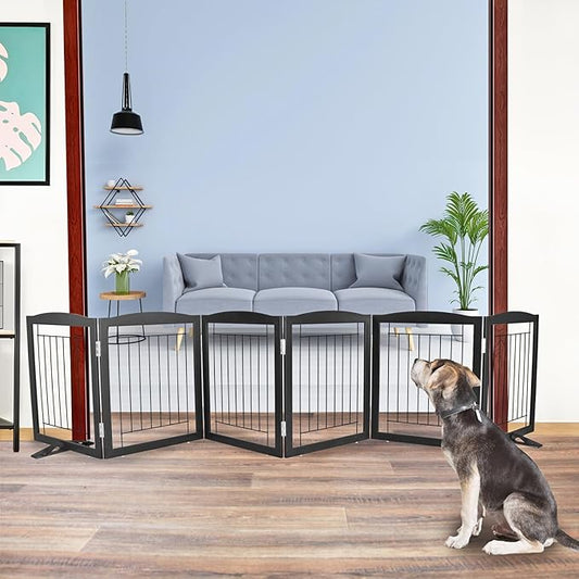 ZJSF Freestanding Dog Fence Indoor, Foldable Dog Gate for Doorways, Stairs or Hallways, Sturdy Wood Extra Wide Pet Gate with Support Feet for The House, Black, 24 "Height-6 Panels