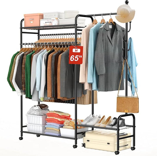 10-in-1 Clothes Rack, Multi-Function Garment Rack with 3 Tier Shelves, 3 Hanging Rod, 4 Handy Hook, Heavy Duty Clothing Rack Up to 620 LBS, Metal Wardrobe Closet for Bedroom, Laundry, Balcony,Black