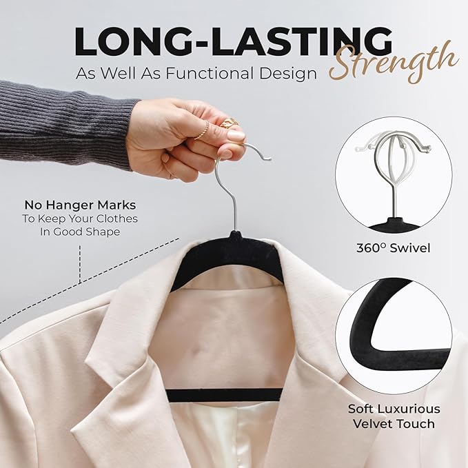 100 Pack Velvet Hanger for Shirt Pants Dresses Skirts Suits Jackets - Slim Space Saving Design - Standard Coat Hanger - Sturdy & Durable Design with Shoulder Grooves Hook - Black