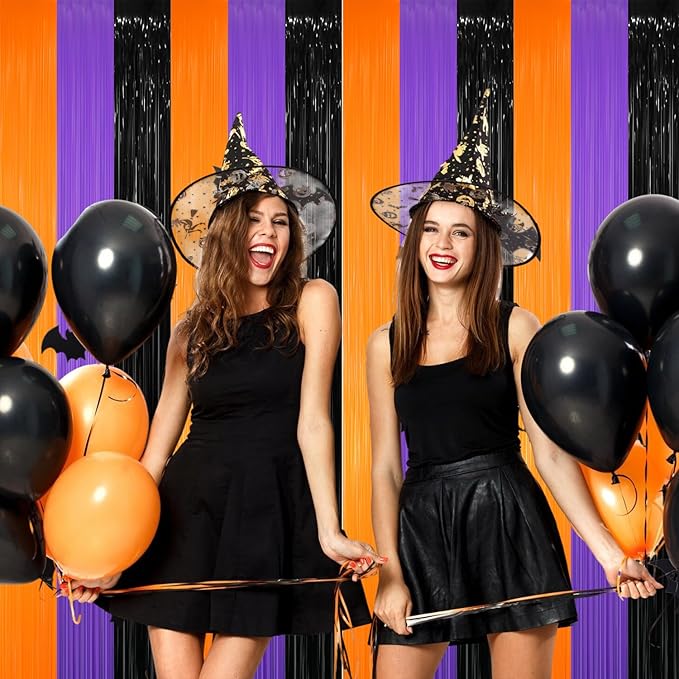 GOER 6.4 ft x 8.2 ft Metallic Tinsel Foil Fringe Party Backdrop for Halloween Birthday Graduation New Year's Party Decorations(2 Packs,Black&Orange&Purple)