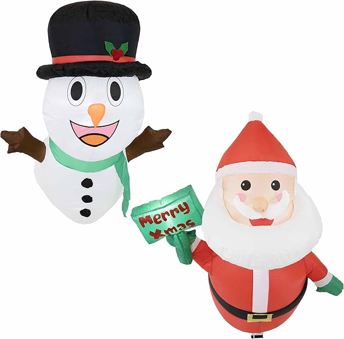 Sunnydaze Santa and Frosty Inflatable Christmas Decoration for Window - Indoor or Outdoor Use - 2 White LED Lights Each